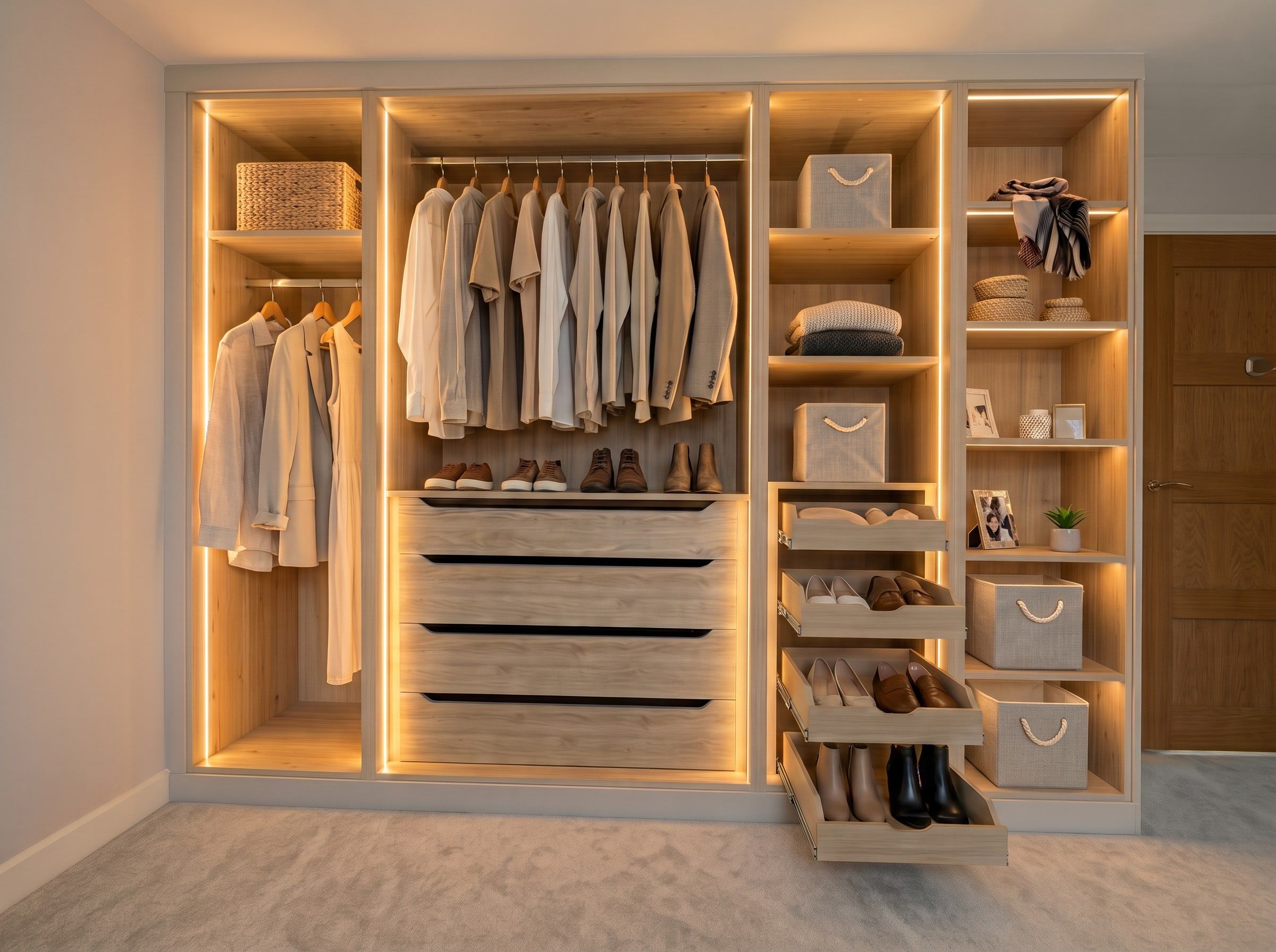 Inside the 4-panel Contemporary Shaker wardrobe in Barrow upon Soar: double and long hanging, deep drawers, pull-out shoe drawers, shelves and lit open shelving in a natural oak-effect finish with LED strips