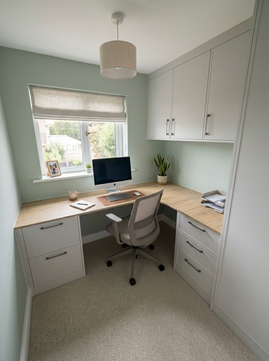 Box-room home office in light grey Alpine Shaker with an L-shaped oak-effect desk under the window, drawers either side and wall cupboards above, Hinckley