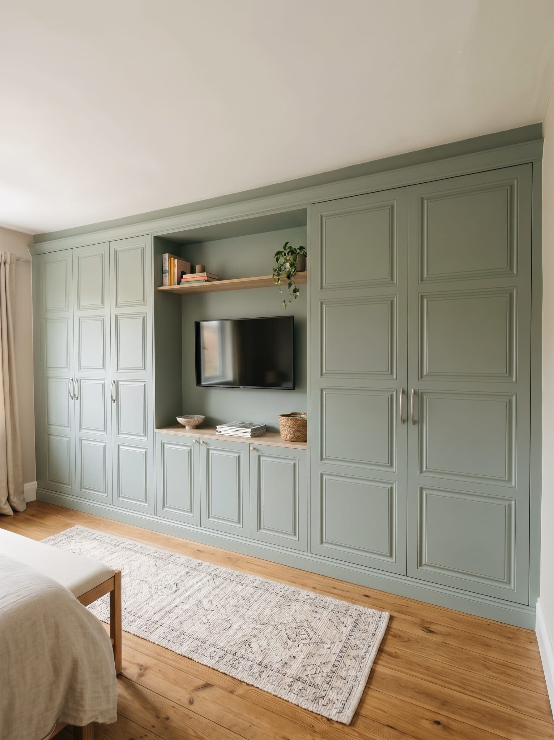Floor-to-ceiling Harrington wardrobes in Fjord matt green across a bedroom wall in Loughborough, with an open lit section for the television and oak-effect shelves