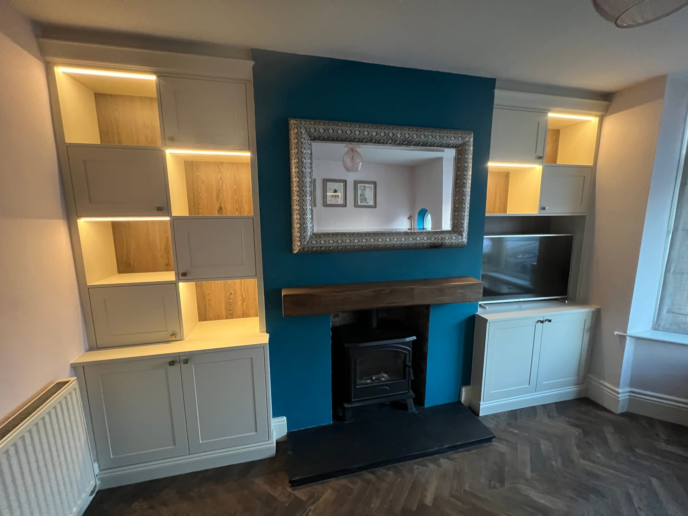 The Nottingham alcove units as fitted, with the LED lighting on in the staggered open shelves