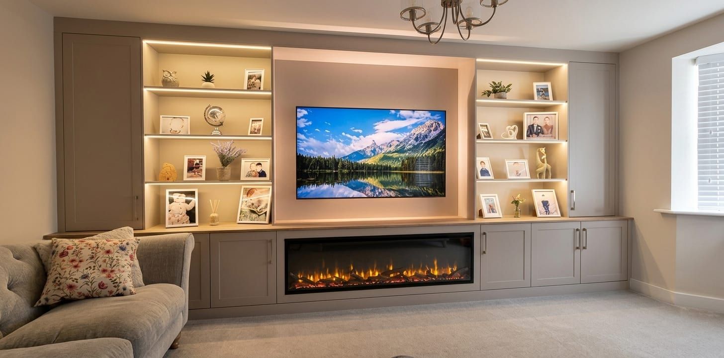 Floor-to-ceiling media wall in Cashmere shaker doors in Ratcliffe on the Wreake, with a built-in fire, a lit panel behind the television and lit open shelves either side