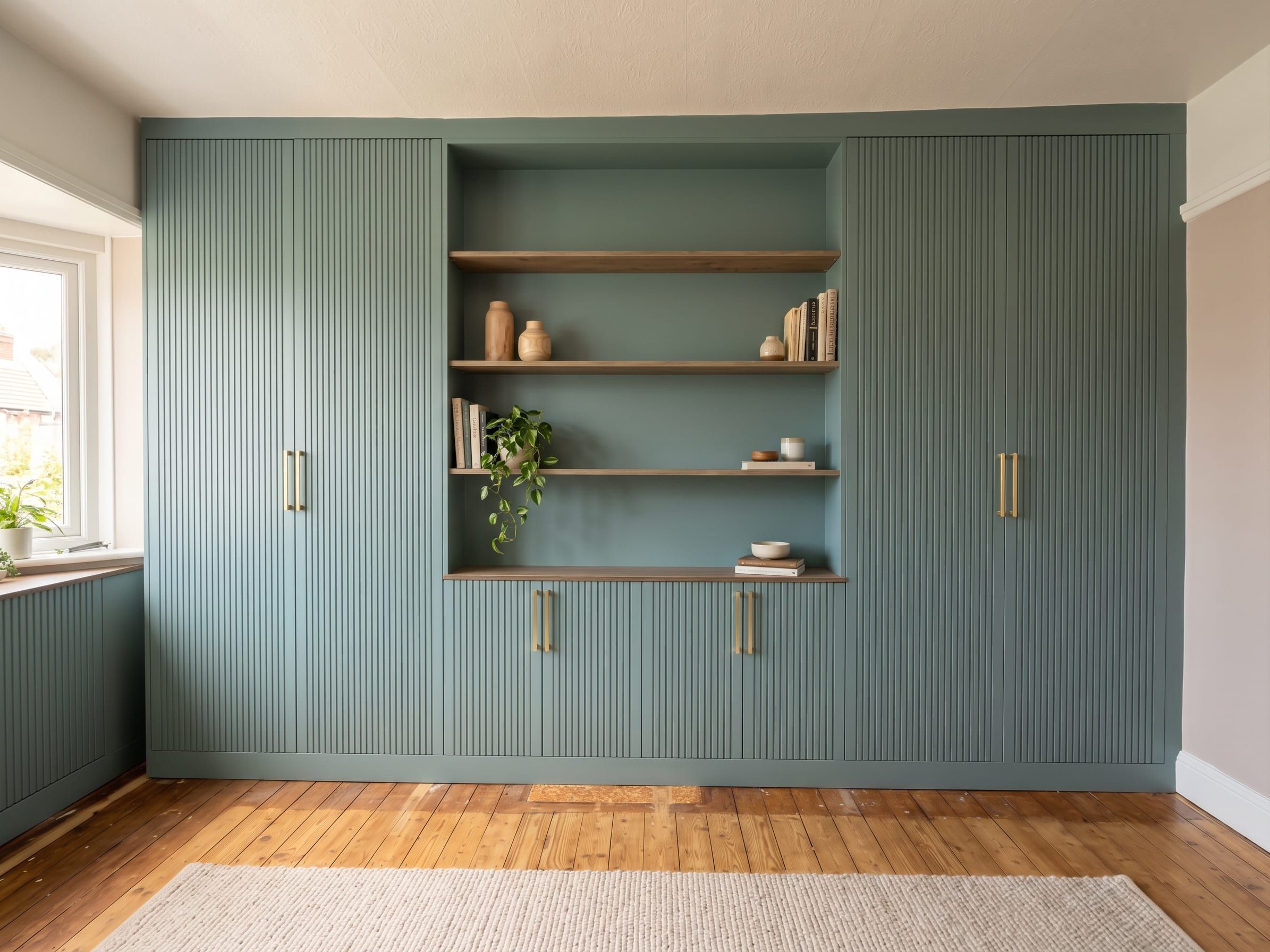 Floor-to-ceiling Stockholm fluted wardrobes in Fjord matt in Sileby, with brushed brass Reed handles and open wood-effect shelves over the chimney breast